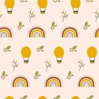 Seamless pattern of cute baby elements. Beige cartoon boho background with flower and rainbow. For textile, fabric, postcard, poster vector