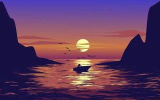 Sunset scenery with sea view and boat. Vector landscape illustration