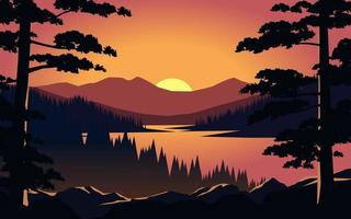 Beautiful sunset view scenery with river and mountains. Vector nature illustratio