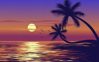 Sunset scenery with sea view and palm trees. Vector landscape illustration