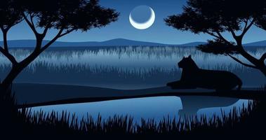 Night in savanah with crescent moon and a leopard resting at the pond. Vector nature wildlife illustration