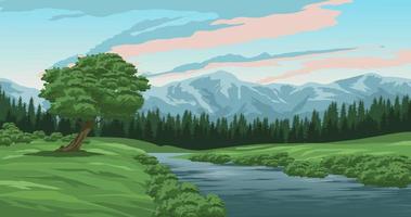 Morning landscape in forest with river and mountain. Vector scenery illustration