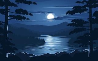 Beautiful soothing night scene landscape with river and moonlight. Vector nature scenery