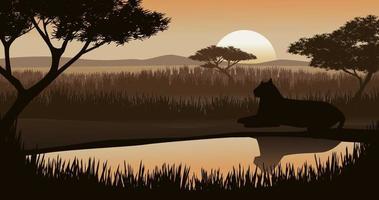 Sunset in savanah with a leopard resting at the pond. Vector nature wildlife illustration