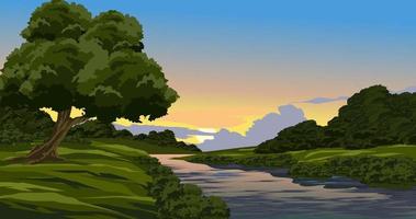 Sunset landscape in rural countryside with river. Vector scenery illustration