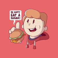 Boy character holding and eating a burger vector illustration. Food, advertising, brand design concept.