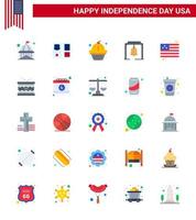 Modern Set of 25 Flats and symbols on USA Independence Day such as country christmas bell star bell cake Editable USA Day Vector Design Elements