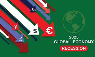 Recesión económica de 2023, caída de negocios globales con flecha descendente y mapa mundial. perdiendo dinero crisis bursátil, crisis financiera y concepto de inflación financiera fondo verde oscuro. vector