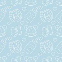 Seamless children's pattern for sewing clothes and printing on fabric. Background for newborn. Hat, diaper and socks for baby. Doodle illustration.