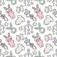 Seamless children's pattern for sewing clothes and printing on fabric. Backgroundnewborn. Cute bunny. Toys  baby. Hand drawn wallpaper. vector