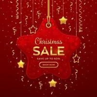 precio de venta de navidad y año nuevo. etiqueta roja realista colgando de una cuerda dorada. etiqueta de descuento con estrellas doradas y confeti. diseño de banner de navidad, publicidad, precio de marketing. ilustración vectorial. vector