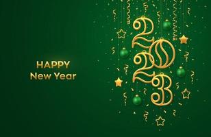 Happy New 2023 Year. Hanging Golden metallic numbers 2023 with shining 3D metallic stars, balls and confetti on green background. New Year greeting card, banner template. Realistic Vector illustration