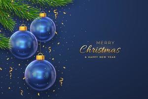 Merry christmas greeting card or banner. Hanging transparent glass balls, pine branches on blue background with golden falling confetti. New Year 3d design. Holiday Xmas baubles. Vector illustration