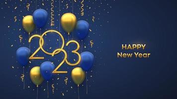 Happy New 2023 Year. Hanging Golden metallic numbers 2023 with 3D festive helium balloons and falling confetti on blue background. New Year, Xmas greeting card, banner template. Vector illustration.