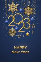 Happy New 2023 Year. Hanging Golden metallic numbers 2023 with shining snowflakes, 3D metallic stars, balls and confetti on blue background. New Year greeting card or banner template. Vector. vector