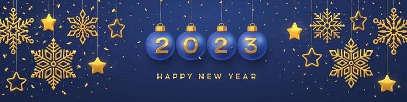 Happy New Year 2023. Hanging blue Christmas bauble balls with realistic golden 3d numbers 2023. Golden snowflakes and 3D metallic stars on blue background. Holiday banner, header. Vector Illustration.