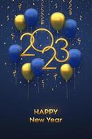 Happy New 2023 Year. Hanging Golden metallic numbers 2023 with 3D festive helium balloons and falling confetti on blue background. New Year, Xmas greeting card, banner template. Vector illustration.