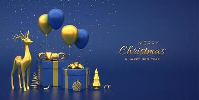 pancarta de navidad composición de cajas de regalo con arco dorado, ciervo dorado, pino metálico, abetos, globos festivos de helio. árboles de año nuevo, bolas. fondo de navidad, encabezado. ilustración vectorial 3d. vector