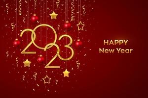 Happy New 2023 Year. Hanging Golden metallic numbers 2023 with shining 3D metallic stars, balls and confetti on red background. New Year greeting card, banner template. Realistic Vector illustration.