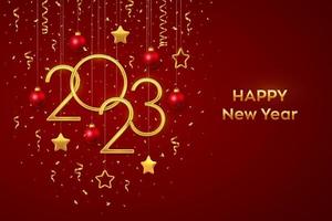 Happy New 2023 Year. Hanging Golden metallic numbers 2023 with shining 3D metallic stars, balls and confetti on red background. New Year greeting card, banner template. Realistic Vector illustration.