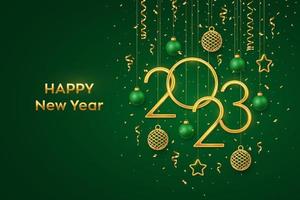 Happy New 2023 Year. Hanging Golden metallic numbers 2023 with shining 3D metallic stars, balls, confetti on green background. New Year greeting card, banner template. Realistic Vector illustration.