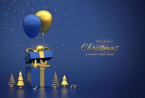 Gift box with gold bow, golden metallic pine or fir cone shape spruce trees, snowflake, festive helium balloons, falling confetti on blue background. Merry christmas card, banner. Vector illustration.