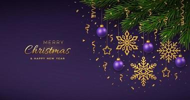 Christmas background with hanging golden snowflakes and purple balls, gold metallic stars, confetti, pine branches. Merry christmas greeting card. Holiday Xmas New Year poster, cover, banner. Vector. vector