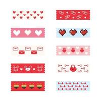 Valentine love tape washi sticker strips for text decoration. Set of colorful patterned washi tape. Vector illustration