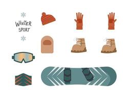 snowboard, accesorios de deportes de invierno para un estilo de vida activo, ilustración vectorial en plano sobre fondo blanco