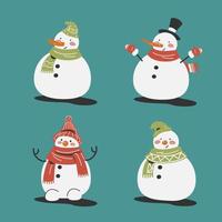 conjunto de lindo personaje de dibujos animados de muñeco de nieve aislado sobre fondo azul ilustración vectorial plana lindo elemento de dibujos animados para la decoración navideña. concepto de vacaciones. Feliz navidad y próspero año nuevo. vector