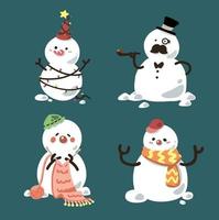 Set of cute snowmen cartoon character flat vector illustration isolated on background. Merry Christmas and Happy New Year. Papa Mama and children snowman. Snowman family.