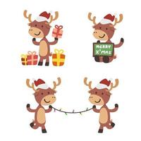 Set of happy cute reindeers celebrated Chritmas event together with gift, Christmas text board, holding twinkle light isolated on background cartoon character flat vector illustration. Merry Chritmas