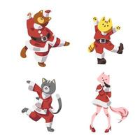 Set of cute santa boy and girl cats cartoon character flat vector illustration isolated on white background. Merry Christmas and Happy New Year. Cats with santa costume celebration.