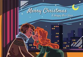 A Romantic couple having a good time together in their room beside window at night with starry sky flat vector illustration. Sweet love makes winter warm. Happy Valentine's Day
