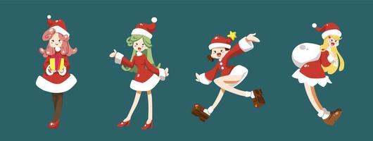 Set of cute santa girls cartoon character flat vector illustration isolated on background. Merry Christmas and Happy New Year. Girls with santa costume in Christmas party.