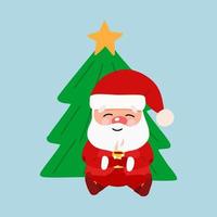 Vector Christmas illustration with Christmas Santa Claus in cartoon style. A cartoon character with different emotions, a Christmas tree and gifts.