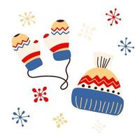 Vector winter set of elements, with knitted warm hat, mittens and snowflakes in cartoon style. Christmas elements for decor, stickers, postcards.