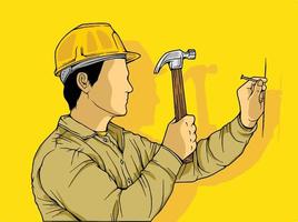 Line art hand-drawn illustration of a construction worker and architect, repairman and engineer, and industrial worker in uniform. Project manager, and employees in helmet, isolated vector