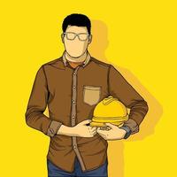 ilustración dibujada a mano de un trabajador de la construcción y arquitecto, reparador e ingeniero, y trabajador industrial en uniforme. gerente de proyecto y empleados en casco, aislados vector