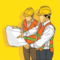 Line art hand-drawn illustration of a construction worker and architect, repairman and engineer, and industrial worker in uniform. Project manager, and employees in helmet, isolated vector