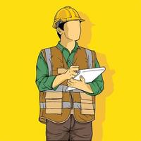 Line art hand-drawn illustration of a construction worker and architect, repairman and engineer, and industrial worker in uniform. Project manager, and employees in helmet, isolated vector