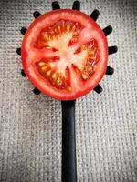 Half tomato on a toothed kitchen spoon on a gray ground. Vertical image. photo