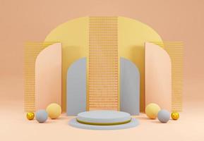 Light blue cylinder podium with abstract decorative objects. Stand to show products. Stage showcase with copy space. Minimal pedestal background. 3D rendering. photo