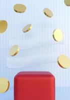 Red cube podium with golden coins. Stand to show products. Stage showcase with minimal scene. Pedestal in vertical display. Beauty fashion backdrop for smartphone. 3D rendering.