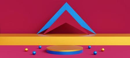 Cylinder podium with geometric objects in bright colors. Stand to show products. Stage showcase with copy space. Growth concept. Banner size. Website cover template. 3D rendering.