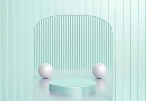 Cyan cylinder podium with decorative panels on cyan background. Stand to show products. Stage showcase with copy space. Pedestal display.  3D rendering. photo