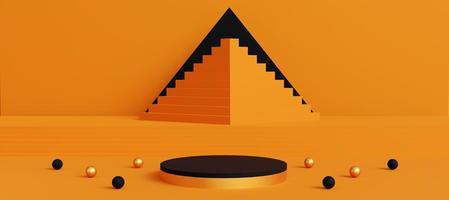 Orange and black cylinder podium with decorative objects. Stand to show products. Stage showcase with copy space. Pedestal display. Banner size. Website cover template. 3D rendering.