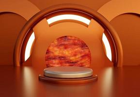 Golden podium on orange background with lava texture. Pedestal background with copy space in modern warm scene. 3D rendering. photo