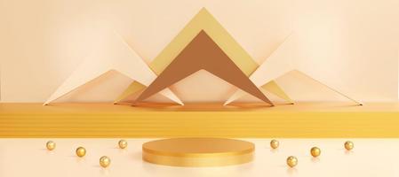 Golden cylinder podium with geometric objects. Stand to show products. Stage showcase with copy space. Pedestal display. Banner size. Website cover template. 3D rendering.