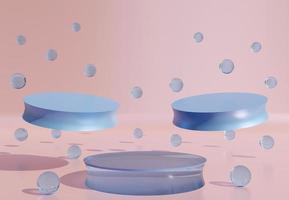 Three blue cylinder podiums with decorative objects on pastel pink background. Stand to show products. Stage showcase with copy space. Pedestal display.  3D rendering. photo